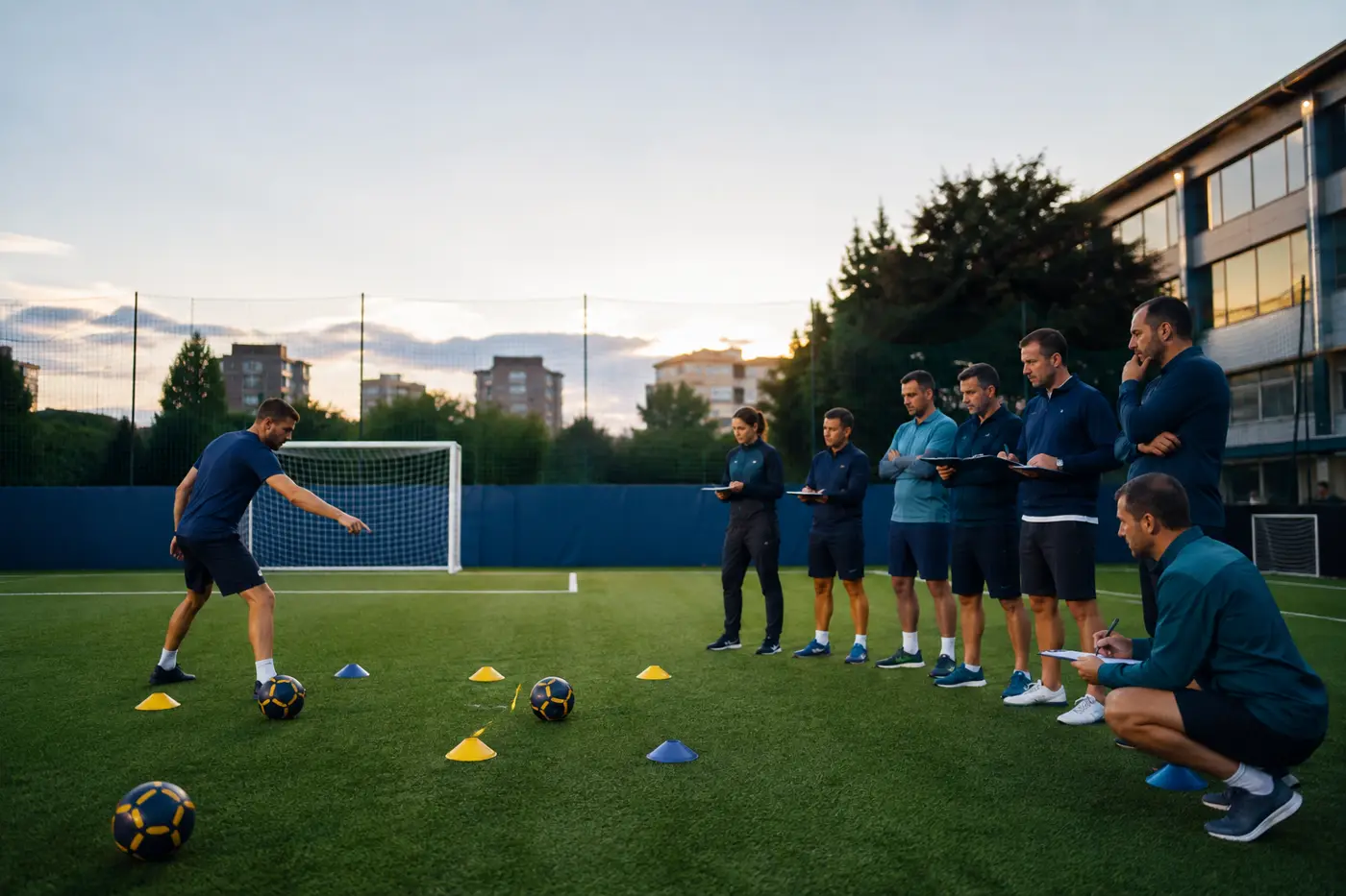 Imagine ilustrativă: un grup de antrenori urmărește un exercițiu cu mingi și conuri pe un teren sintetic de minifotbal, la apus.