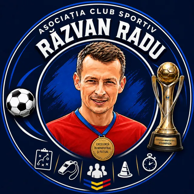 Portretul lui Răzvan Radu din sigla asociației, cu medalie și trofeul de campion european de minifotbal.